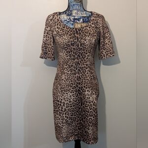 Etcetera Leopard Print Form Fitting Midi Knit Dress